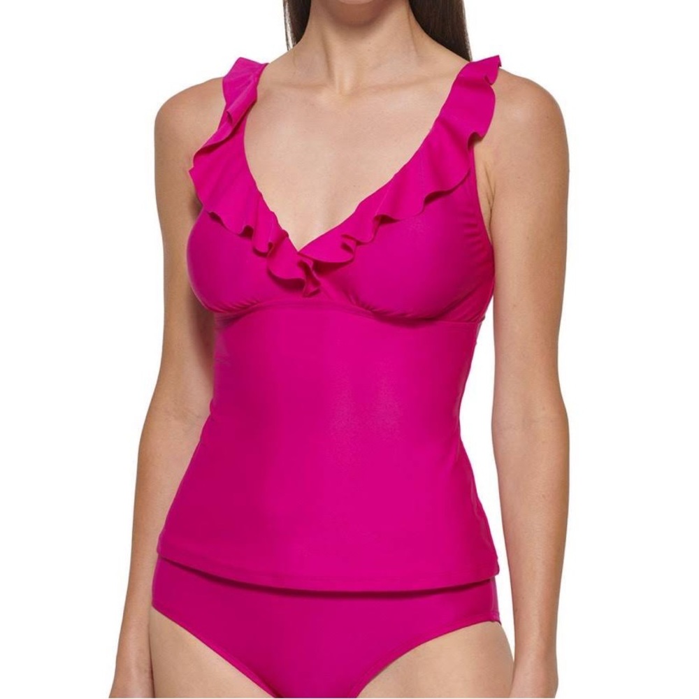 (B21) DKNY Ruffle Tankini Top Bathing‎ Suit Swimsuit Top ONLY, Size Small, NWT